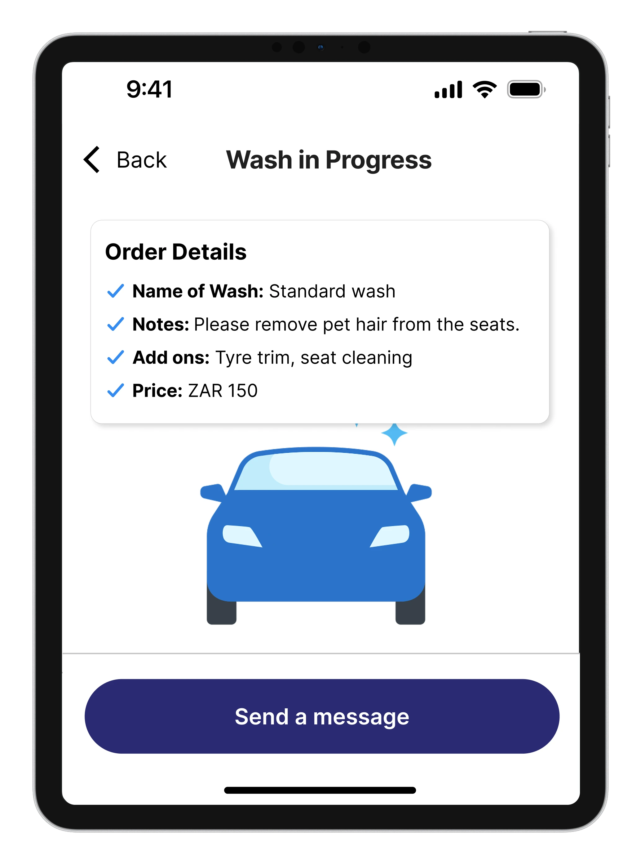 PrimeShine app screen showing tablet screen wash in progress page
